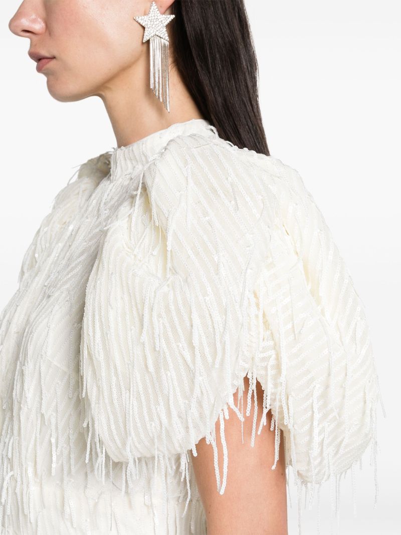 White Sequinned Puff-sleeve Midi Dress