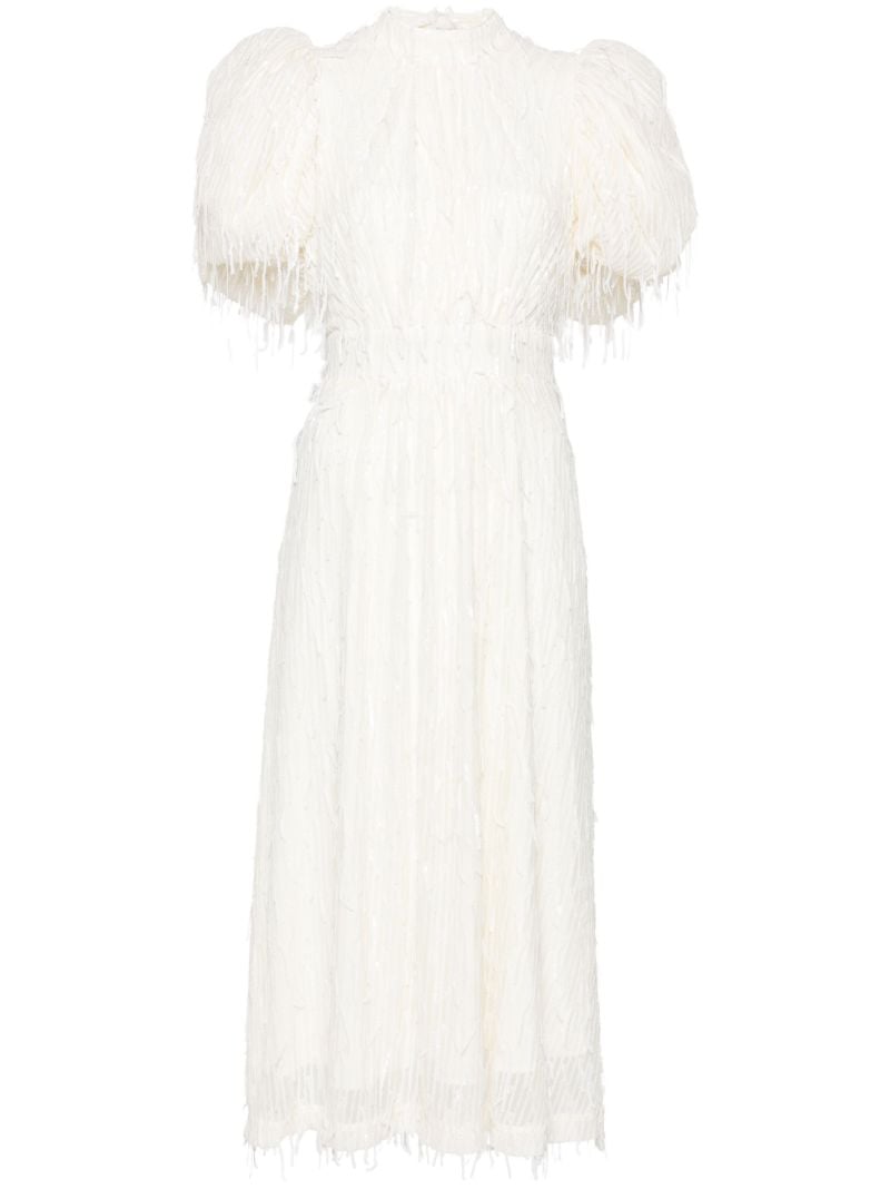 White Sequinned Puff-sleeve Midi Dress