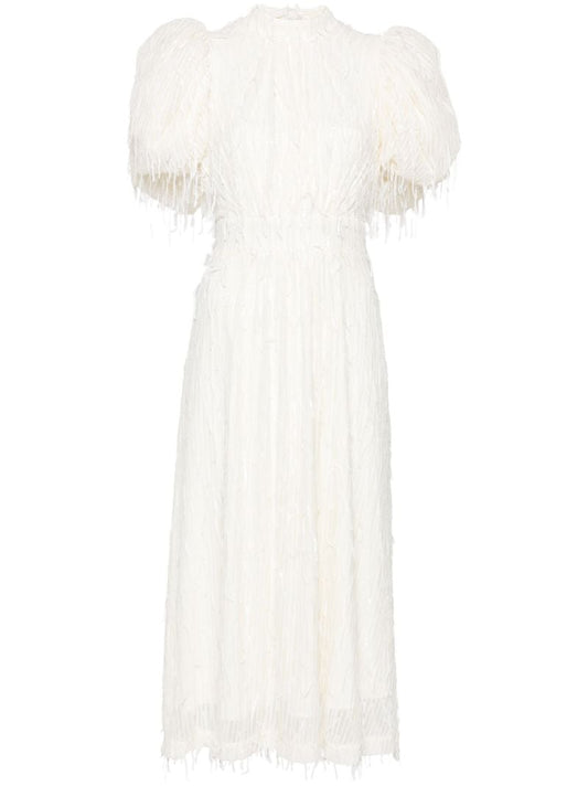 White Sequinned Puff-sleeve Midi Dress