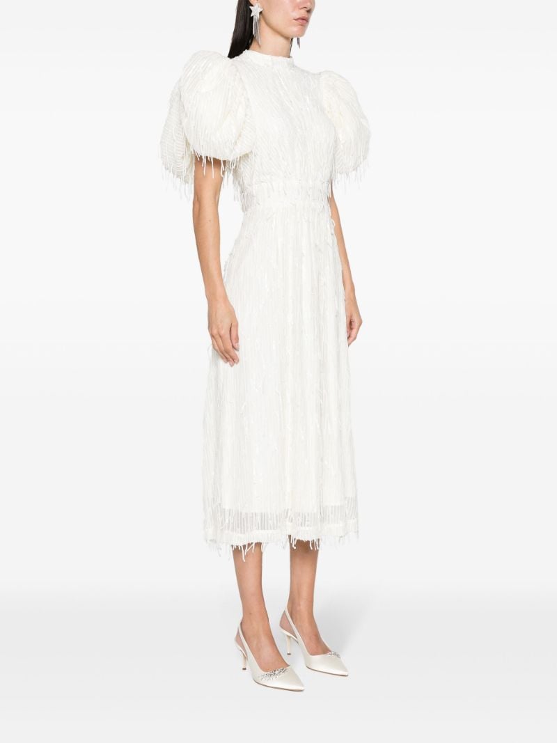 White Sequinned Puff-sleeve Midi Dress
