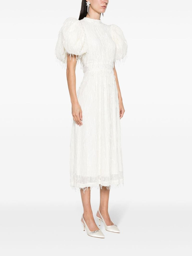 White Sequinned Puff-sleeve Midi Dress