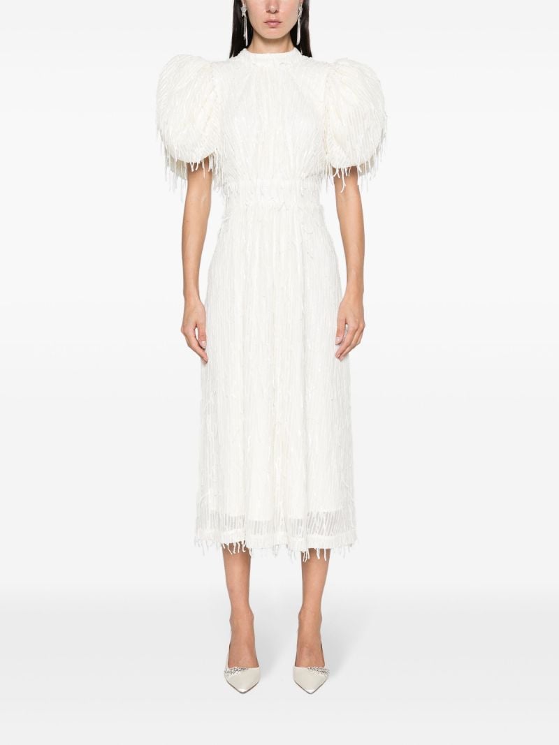 White Sequinned Puff-sleeve Midi Dress