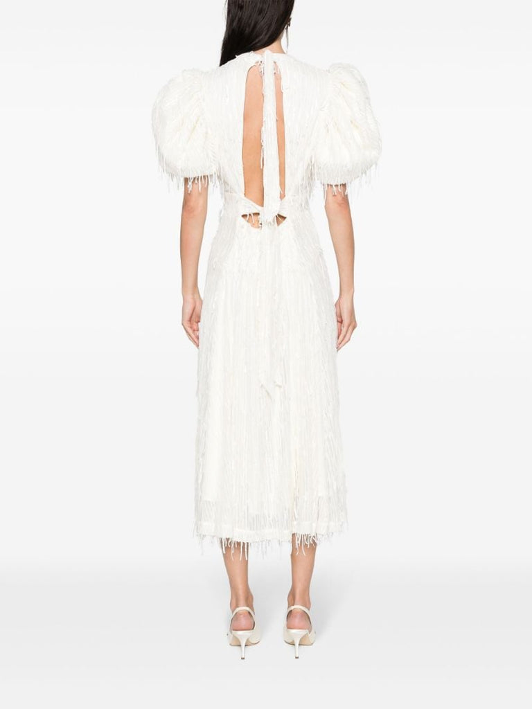 White Sequinned Puff-sleeve Midi Dress
