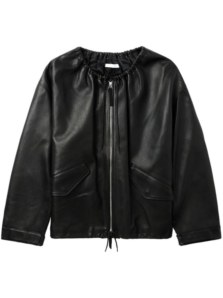 Black Drawstring-neck Leather Jacket