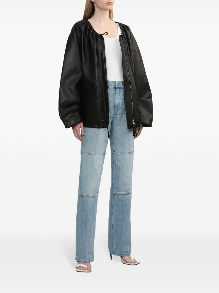 Black Drawstring-neck Leather Jacket