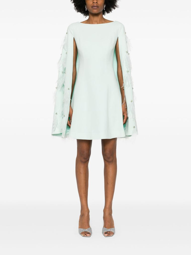 Green Feather-embellished Cape Mini Dress