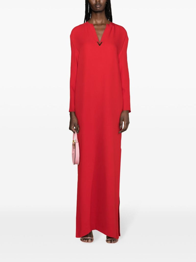 Red V Gold Detail Crepe Maxi Dress