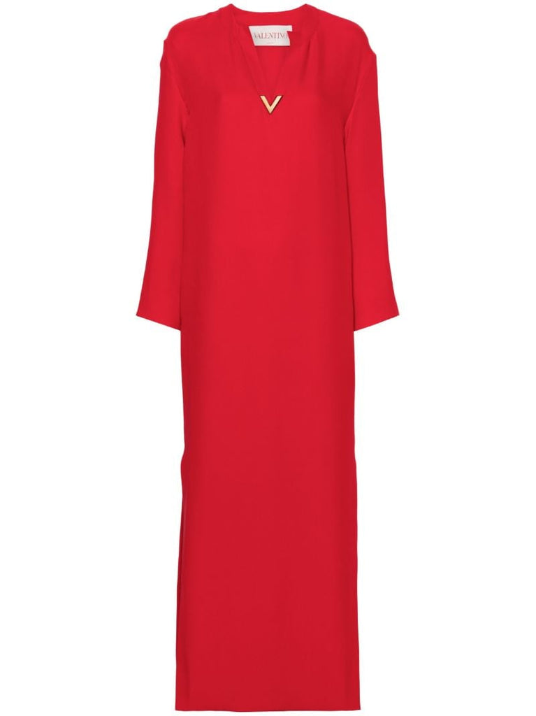 Red V Gold Detail Crepe Maxi Dress
