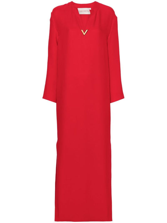 Red V Gold Detail Crepe Maxi Dress