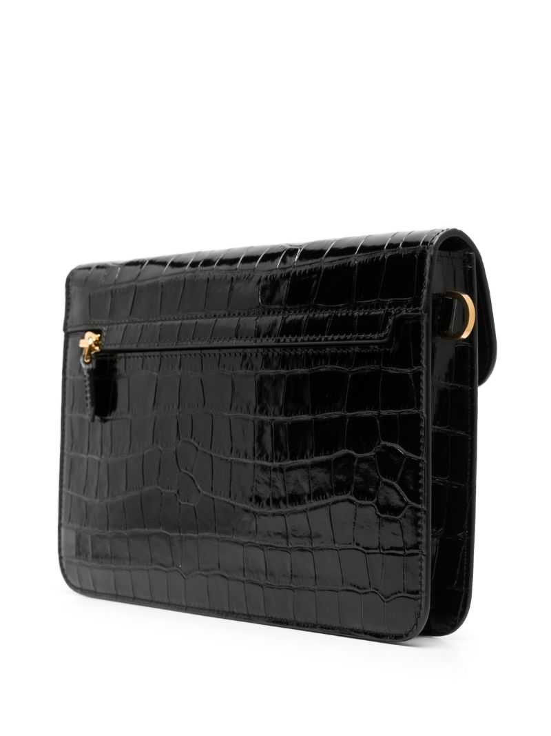 Black Crocodile-embossed Leather Clutch Bag