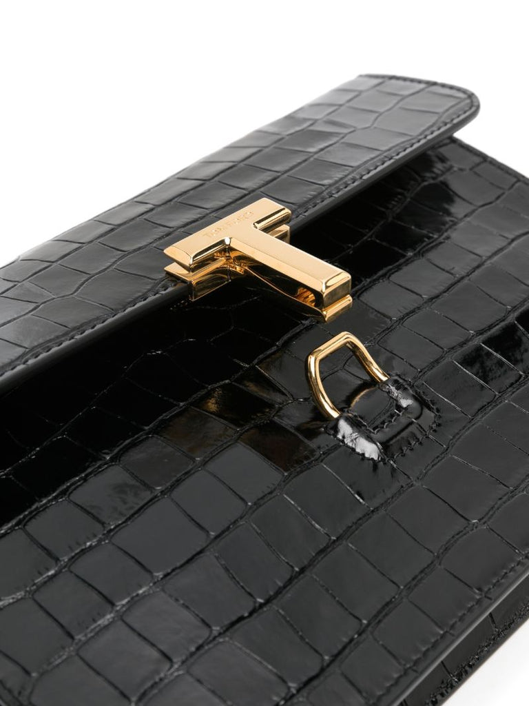 Black Crocodile-embossed Leather Clutch Bag