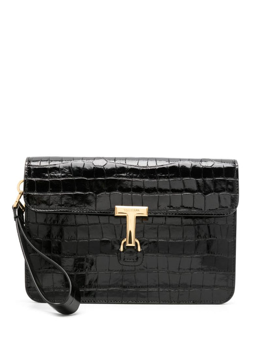 Black Crocodile-embossed Leather Clutch Bag