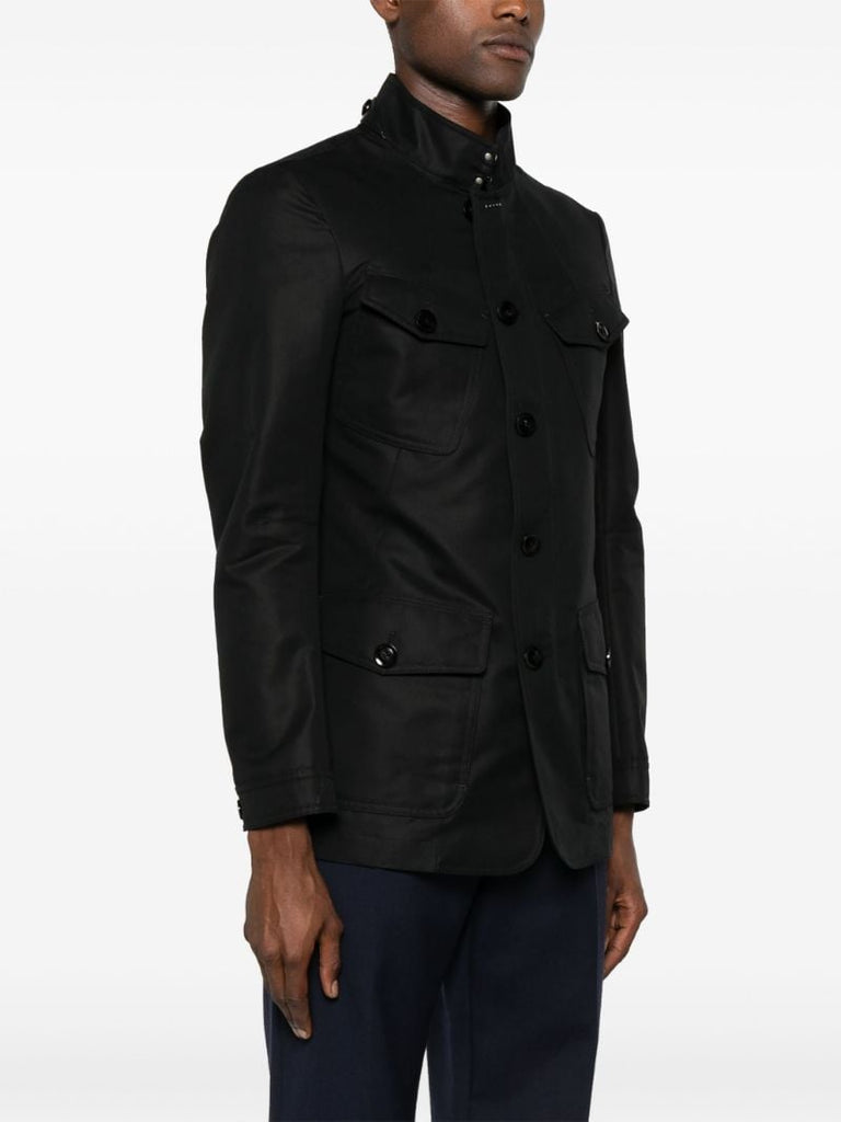 Black Leather-trim Single-breasted Jacket