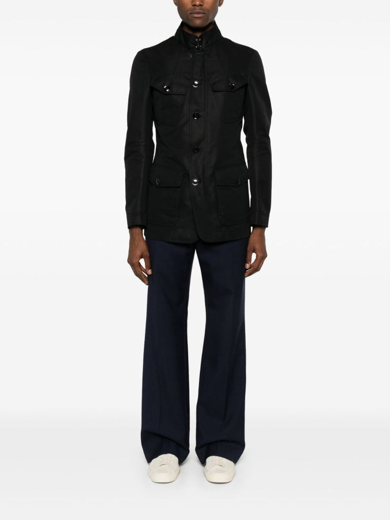 Black Leather-trim Single-breasted Jacket