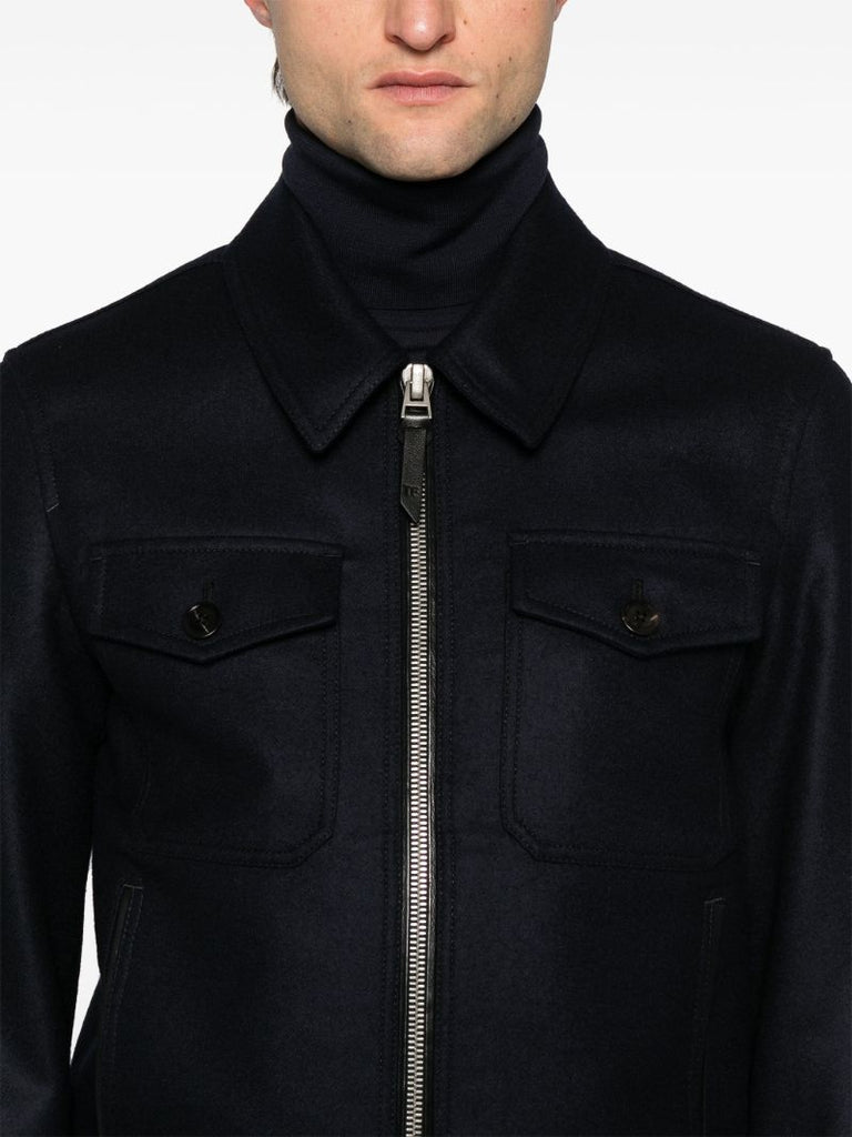 Blue Long-sleeve Wool Shirt Jacket