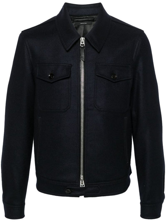 Blue Long-sleeve Wool Shirt Jacket