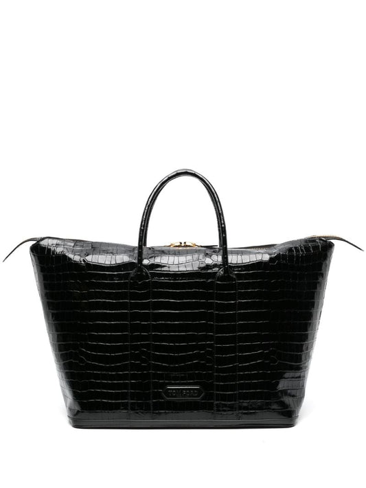 Black Crocodile-embossed Leather Holdall