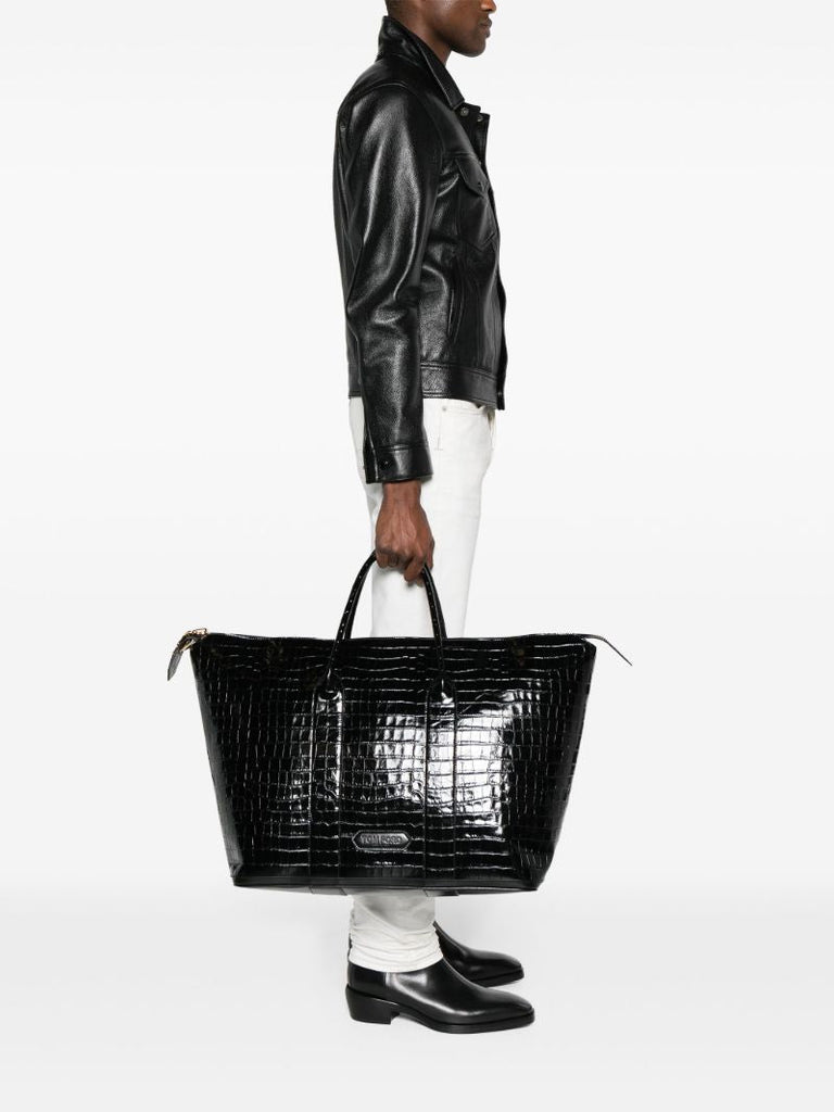 Black Crocodile-embossed Leather Holdall