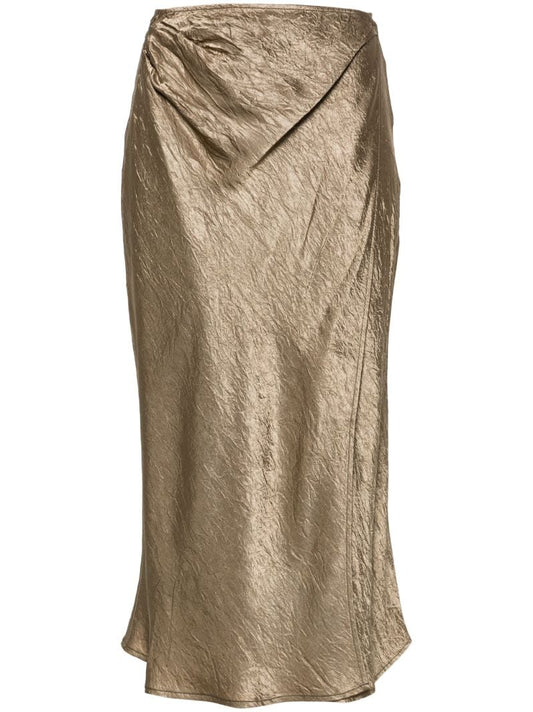 Green Crinkled Satin Midi Skirt