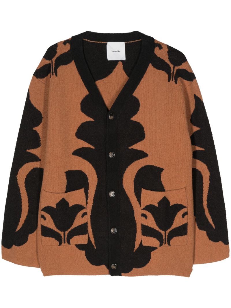 Black and Camel Brown Jacquard Knitted Cardigan