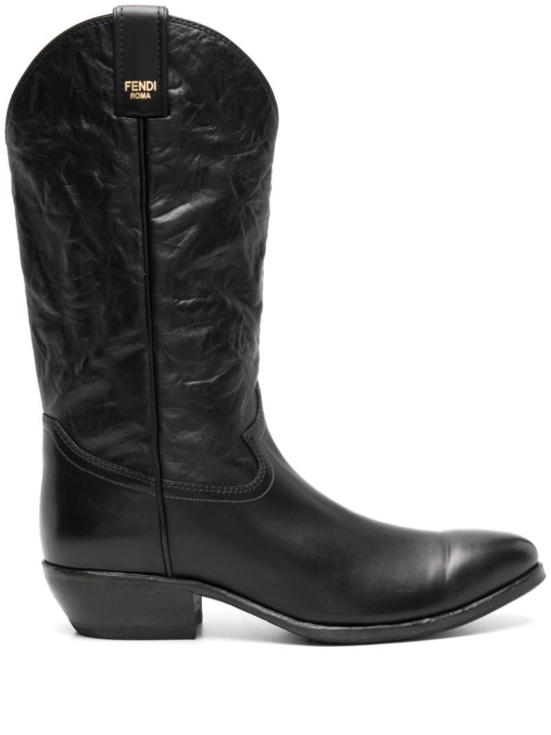 Black 40 Crinkled Leather Cowboy Boots
