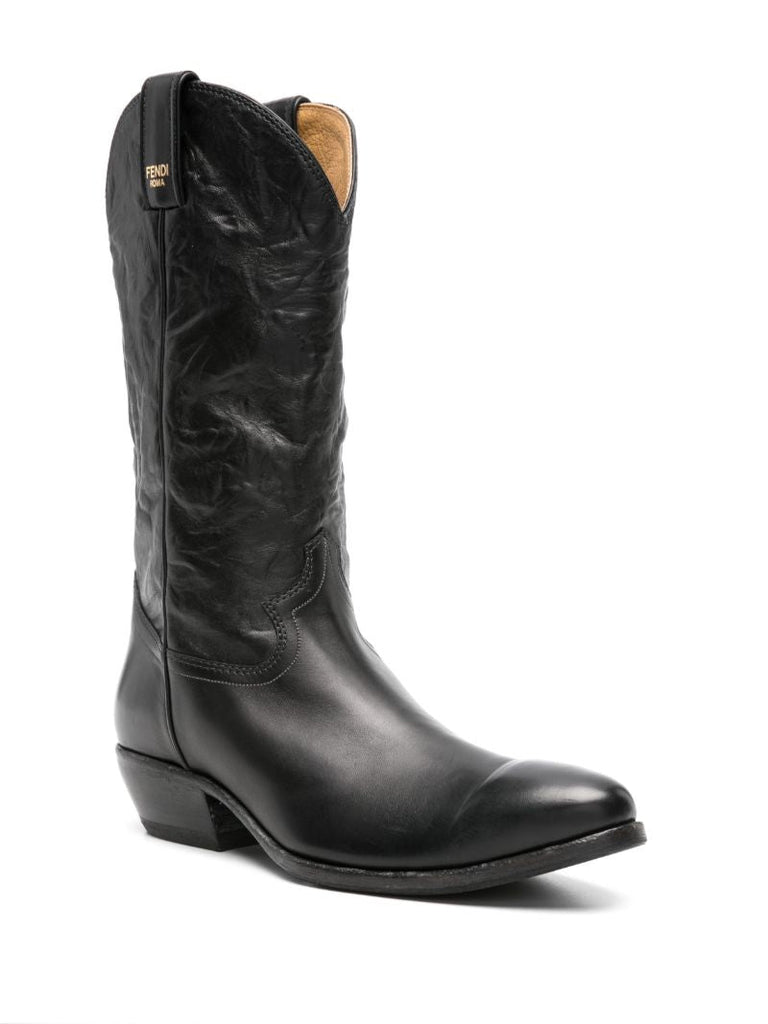 Black 40 Crinkled Leather Cowboy Boots