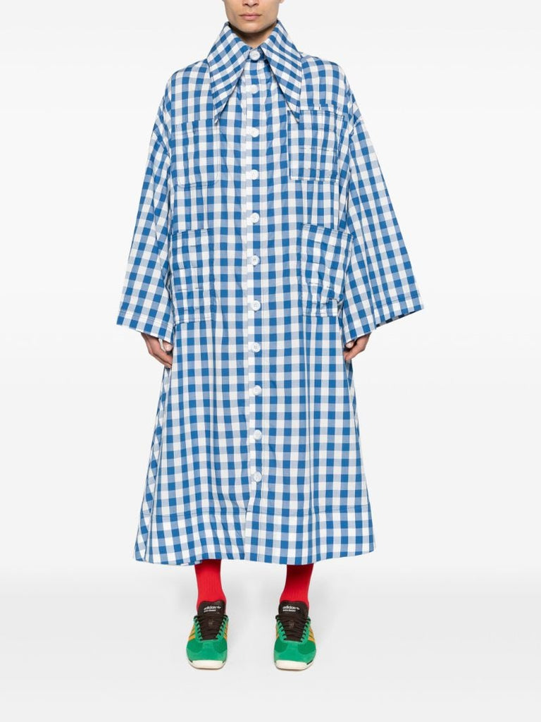 Blue Gingham-print Cotton Coat