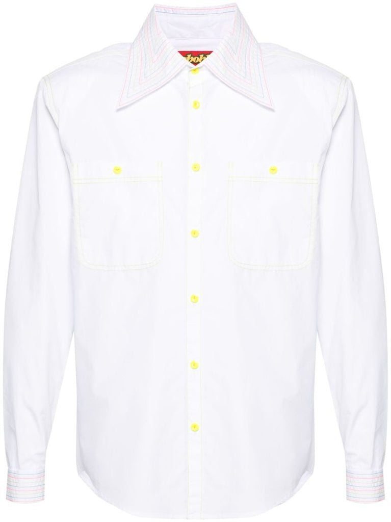White Stripe-embroidered Cotton Shirt