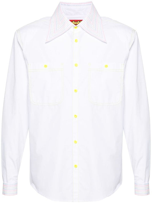 White Stripe-embroidered Cotton Shirt