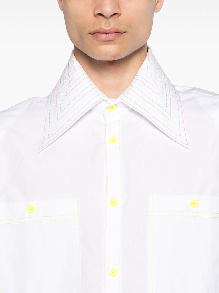 White Stripe-embroidered Cotton Shirt