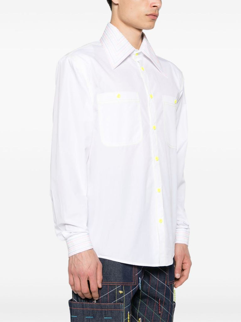 White Stripe-embroidered Cotton Shirt