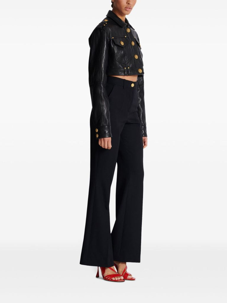 Black Quilted Leather Cropped Jacket