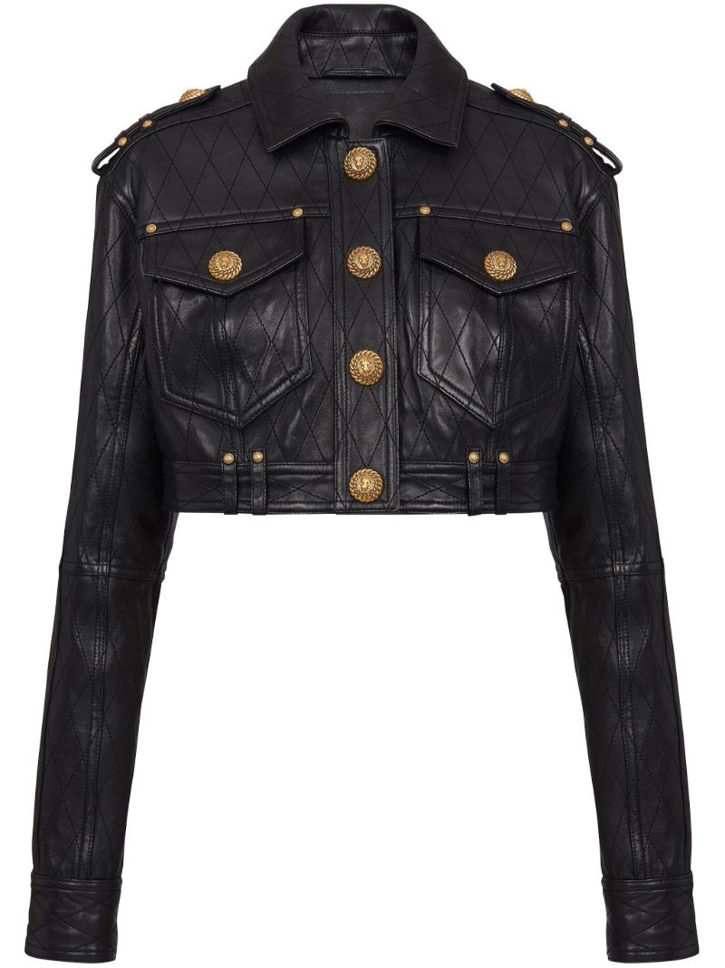 Black Quilted Leather Cropped Jacket