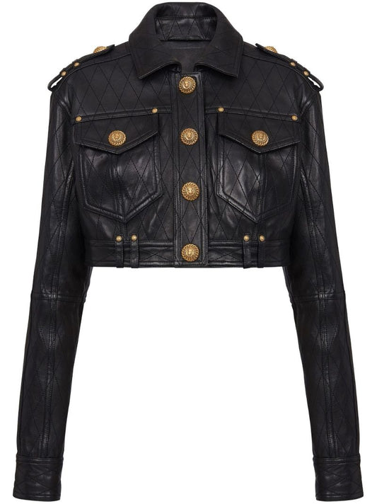 Black Quilted Leather Cropped Jacket