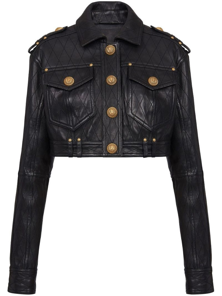 Black Quilted Leather Cropped Jacket