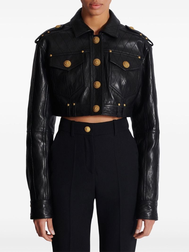 Black Quilted Leather Cropped Jacket