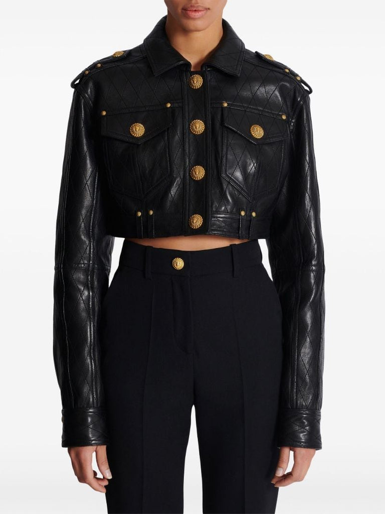 Black Quilted Leather Cropped Jacket