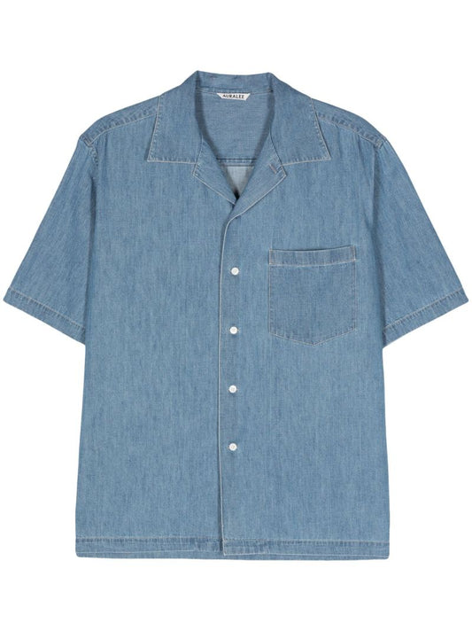 Washed Indigo Blue Short-sleeved Cotton Shirt