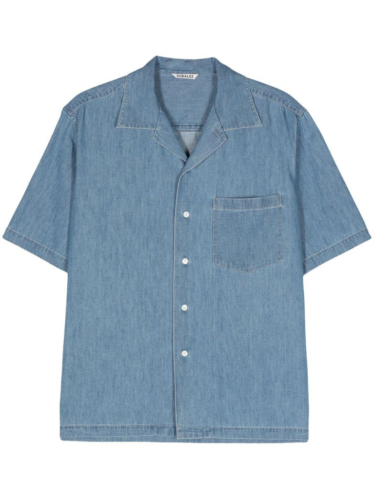 Washed Indigo Blue Short-sleeved Cotton Shirt