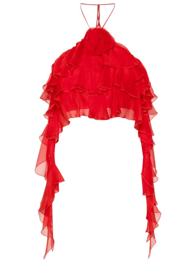 Red Ruffled Silk Crop Top