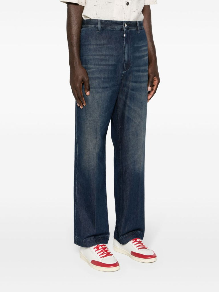 Blue Whiskering-effect Straight-leg Jeans