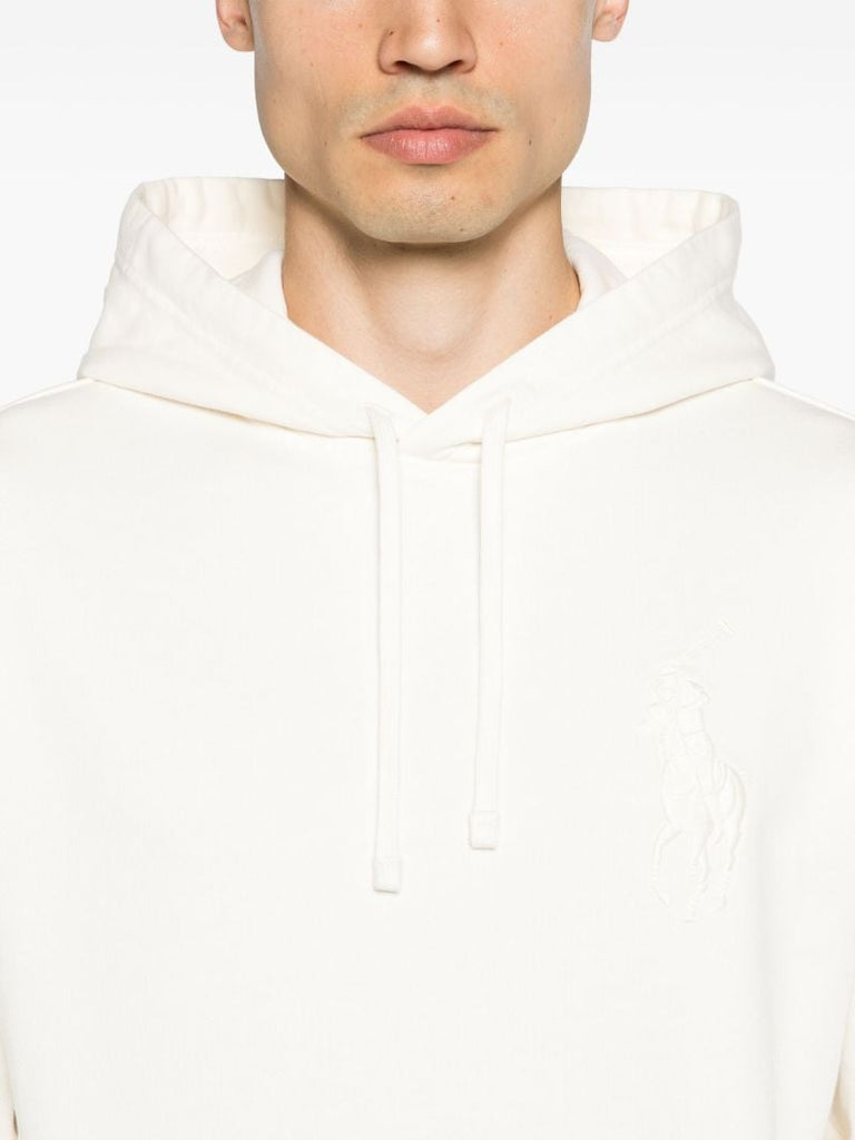 Cream White Polo Pony Embroidery Drawstring Hoodie