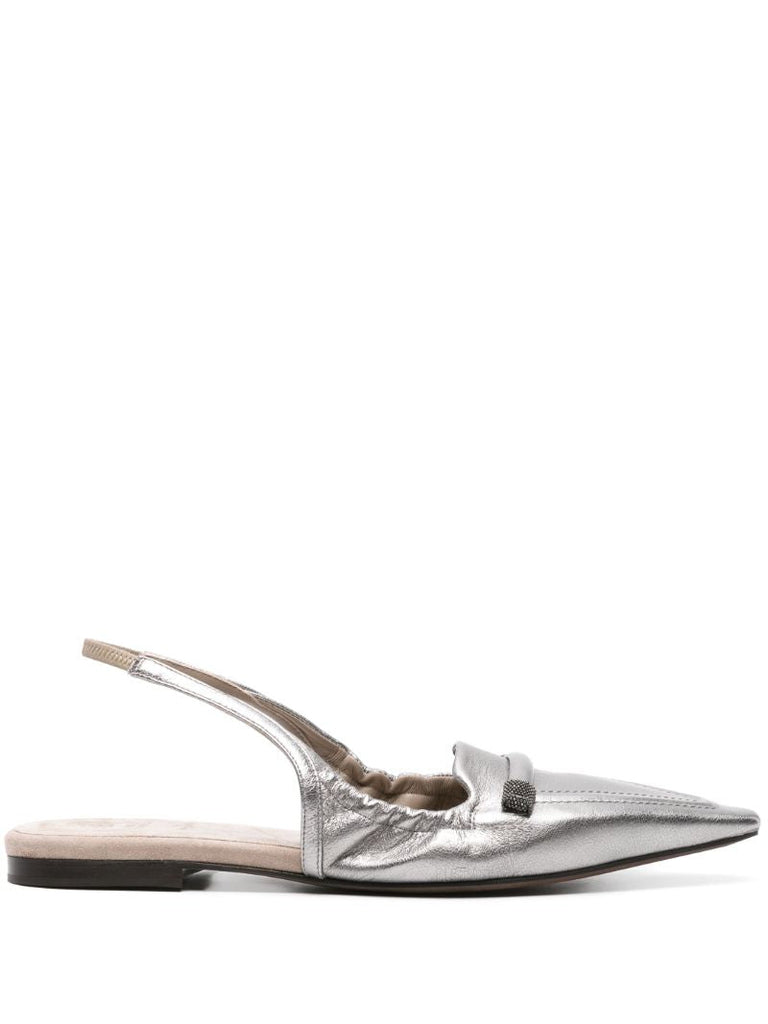 Silver-tone Monili-detail Slingback Ballerina Shoes