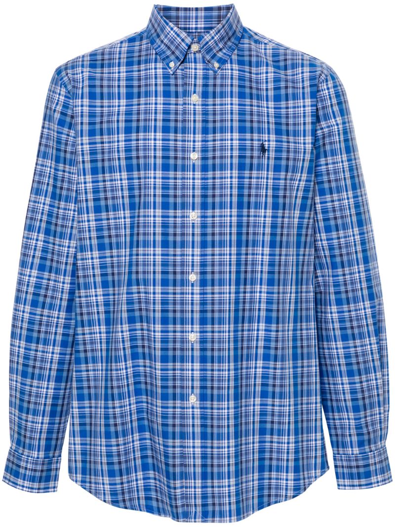 Blue and White Checkered Stretch Cotton Button-down Shirt