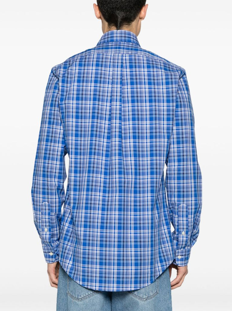 Blue and White Checkered Stretch Cotton Button-down Shirt