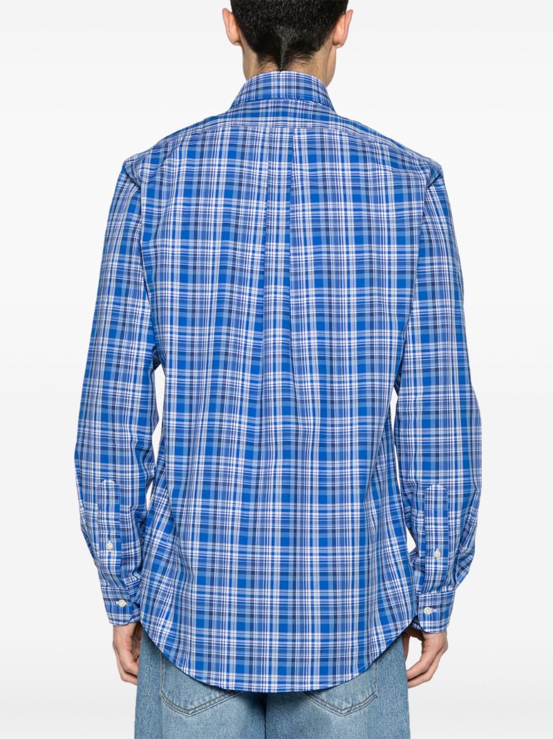 Blue and White Checkered Stretch Cotton Button-down Shirt