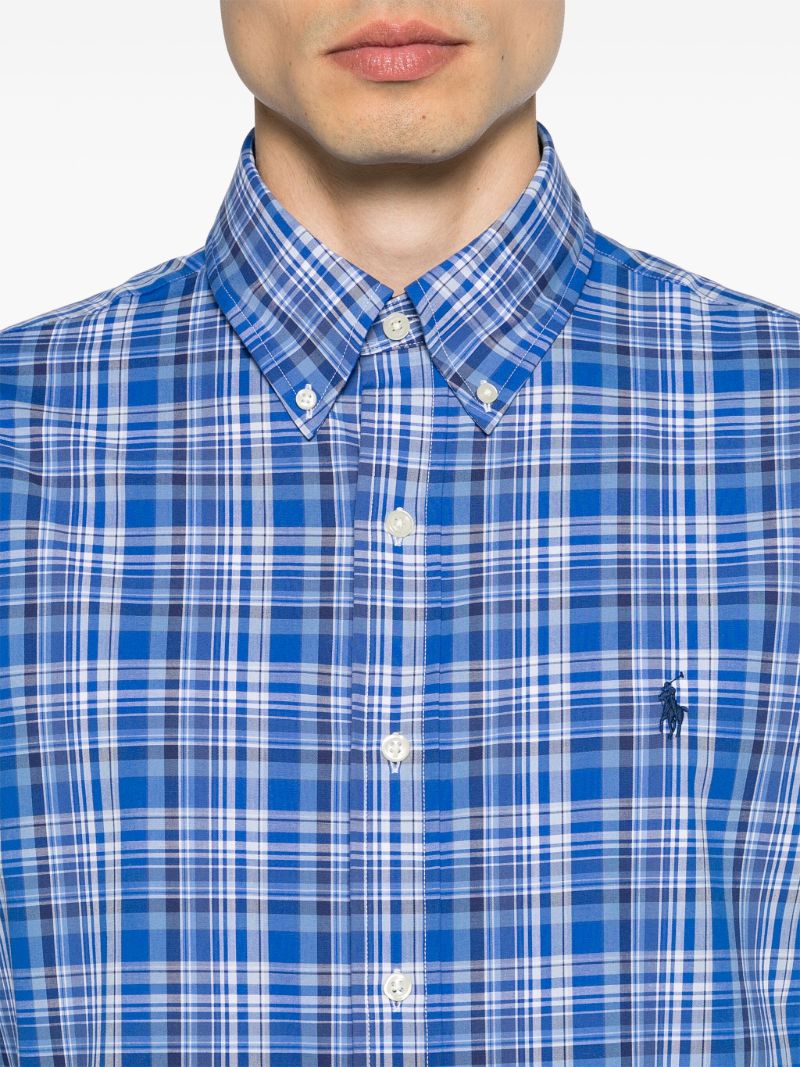 Blue and White Checkered Stretch Cotton Button-down Shirt