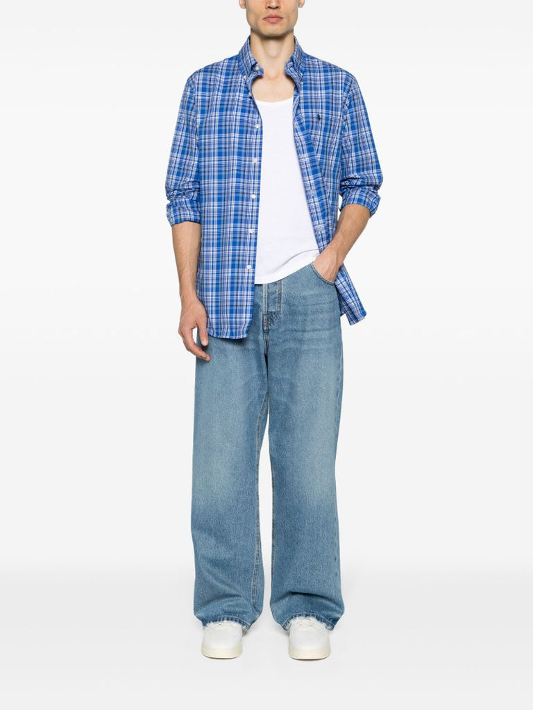 Blue and White Checkered Stretch Cotton Button-down Shirt