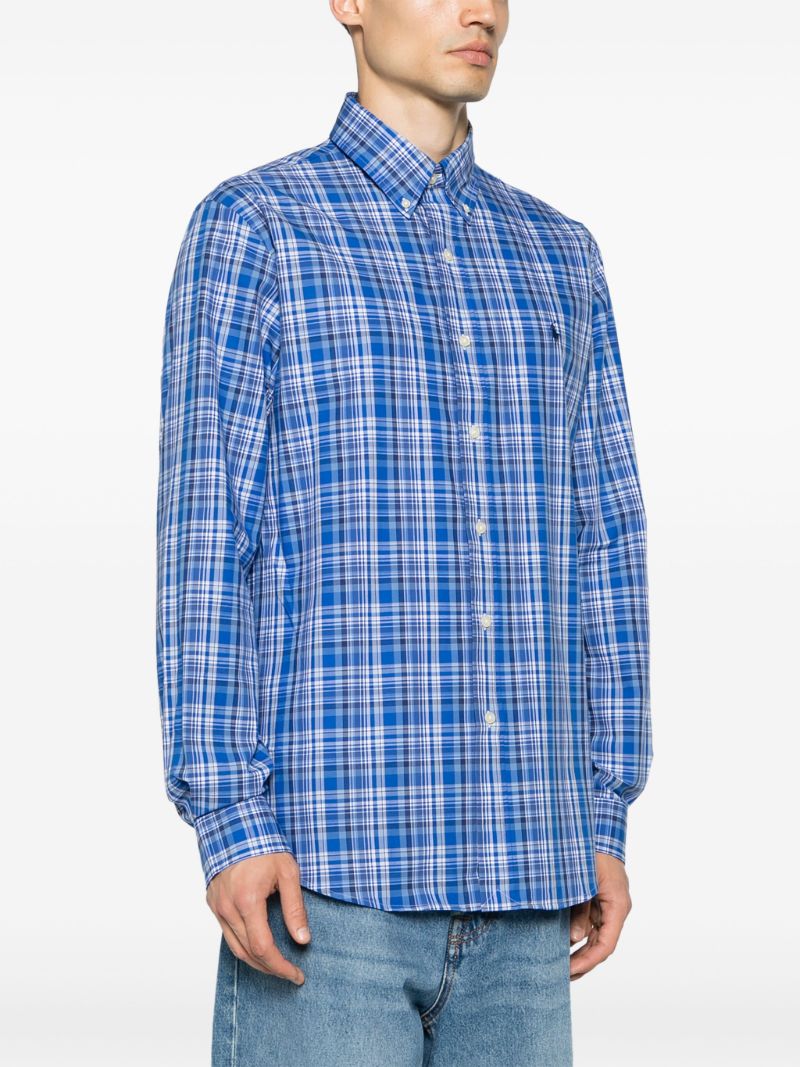 Blue and White Checkered Stretch Cotton Button-down Shirt