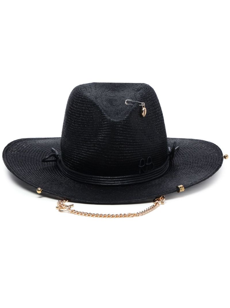 Black Chain Strap Straw Fedora Hat